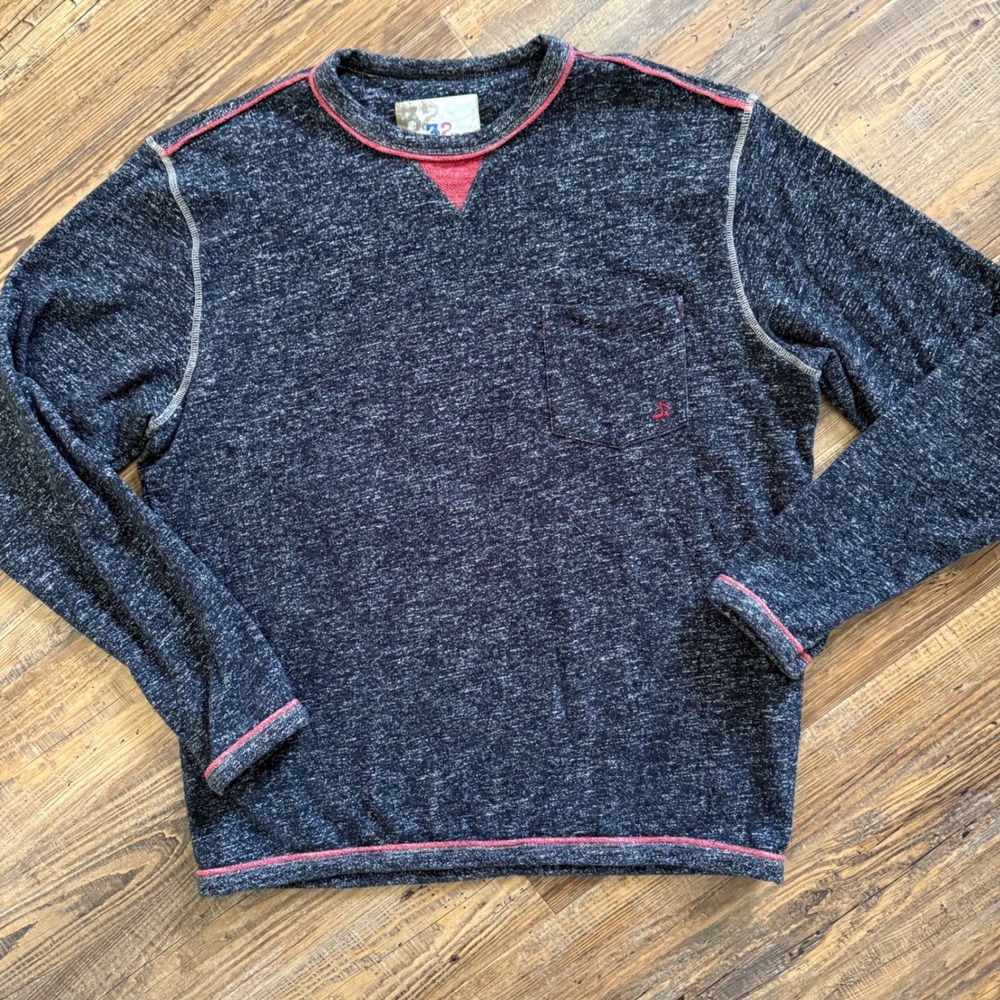 32 Bar Blues Sweatshirt Mens L Charcoal Space Dye Red Pullover Henley Shirt